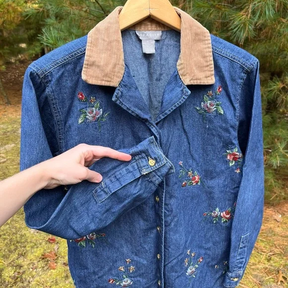 90s Capacity Embroidered Floral Denim Button-Up Shirt Blouse Size M Corduroy - Picture 2 of 13
